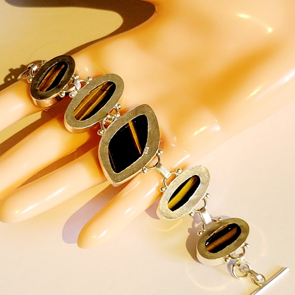 Natural Genuine Tiger's Eye 925 Silver Linked Bracelet - Picture 5 of 14